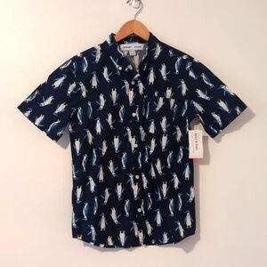 New Old Navy Button Up Short Sleeve Flex Penguin Shirt Navy Blue XL 14-16